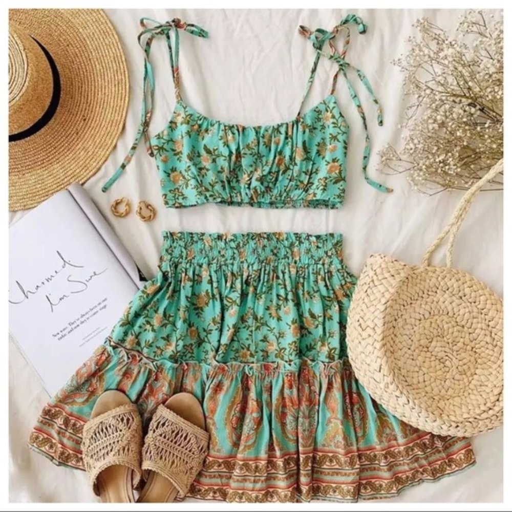 BOHO CHARMED LIFE-2 PC Crop Top / Mini Ruffle Skirt Set